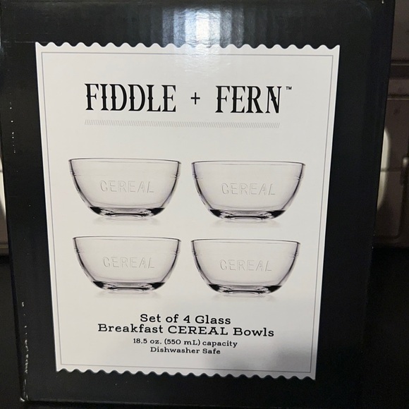 New Fiddle + Fern Set of 4 Clear Glass Breakfast “CEREAL” Bowls (Grey Box B) - Picture 2 of 7